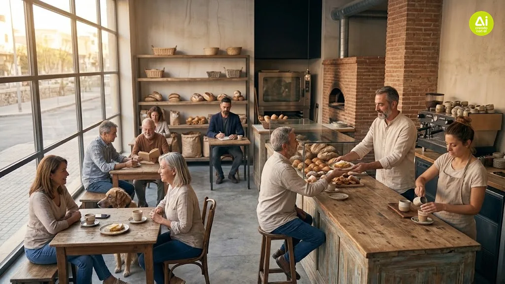 Cafetería artesanal llena de clientes sentados a la mesa mientras el equipo atiende en barra, tras recuperar las ventas.