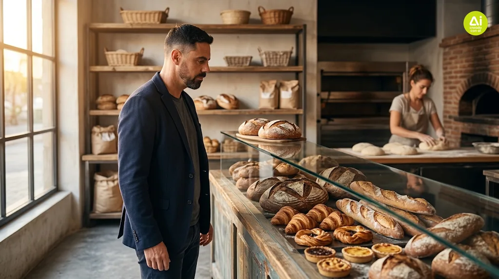 Consultor observando el mostrador de una panadería artesanal con panes de masa madre, pensando cómo competir contra una gran cadena