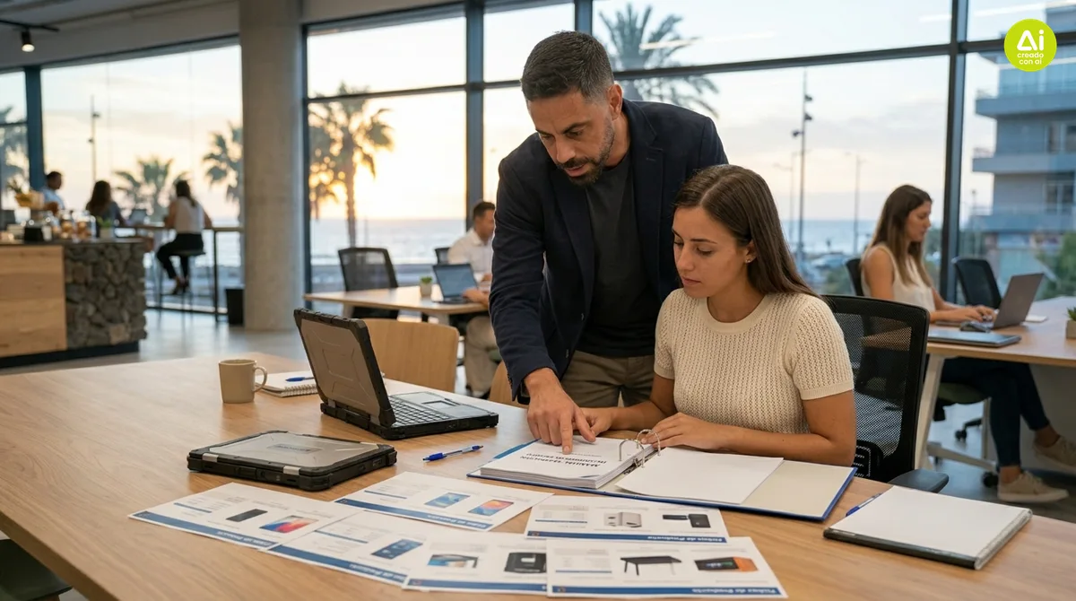 Consultor revisando con una empleada el manual de incorporación y las fichas de producto