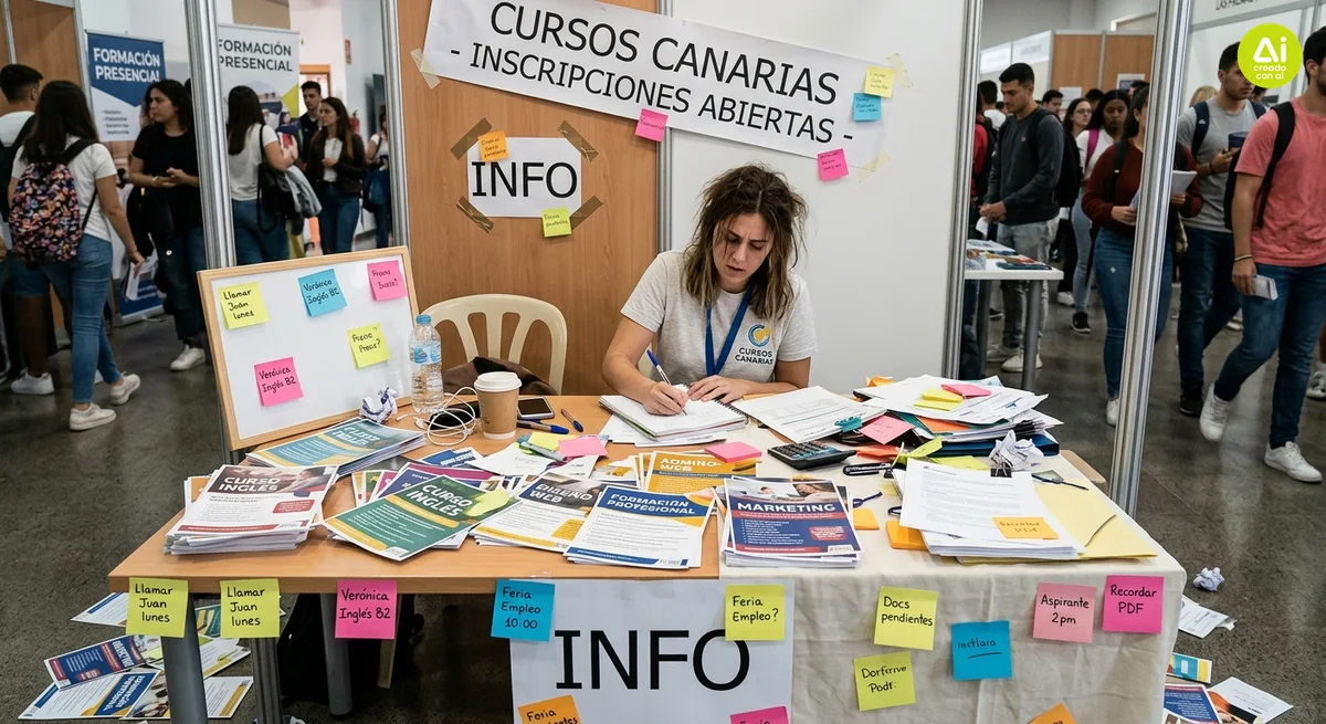 Empleada de captación desbordada en un puesto de información lleno de folletos y notas sin orden